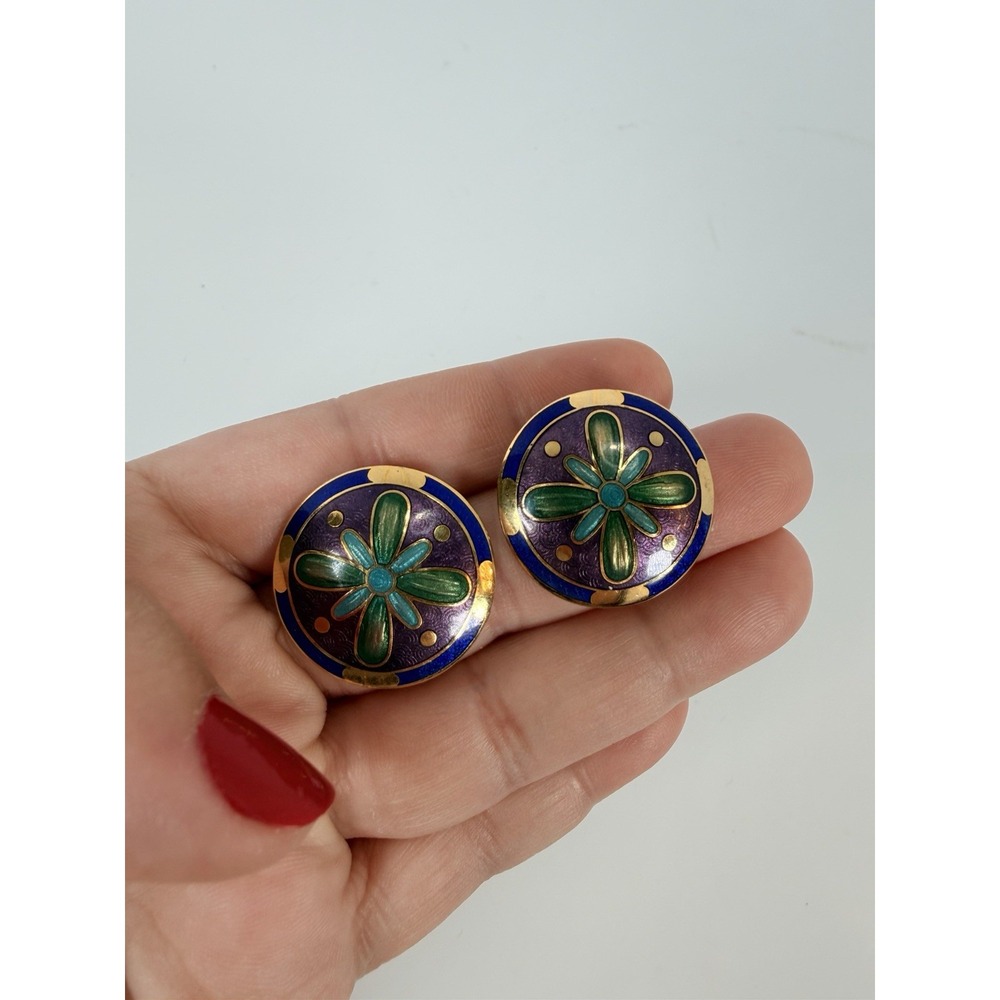 Cloisonné Earrings Blue Green Purple And Gold Post Back Vintage MCM‎